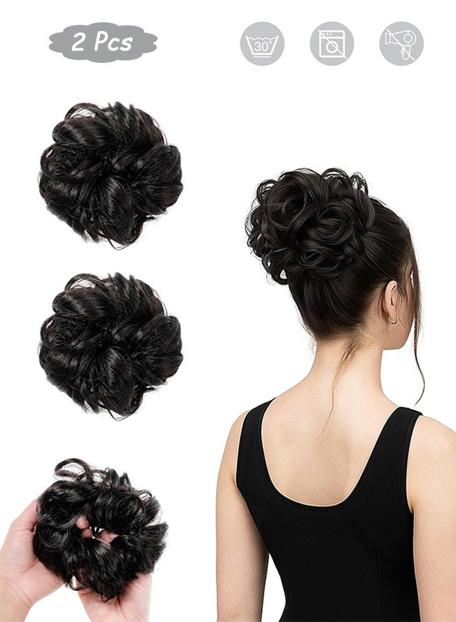 MXN 2 Pcs Messy Bun Hair Piece Claw Clip Wavy Curly Scrunchies - Synthetic Chignon Ponytail Wig Hair Extensions Thick Tousled Updo Bun Hairpieces for Women Girls (Natural Black-brown) - Image 1