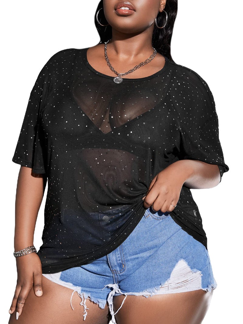 MakeMeChic Women's Plus Size Concert Outfits Fishnet Tops Black Rhinestone Sheer Short Sleeve Summer Tops A Black Sequin 3X-Large Plus - Image 1