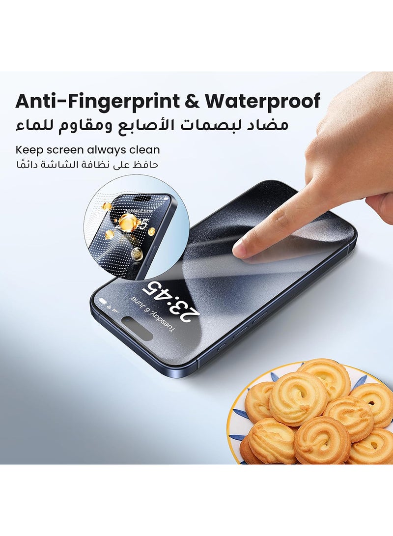 يو جرين واقي شاشة iPhone 15 Pro، تغطية كاملة، إطار سهل التركيب، حماية من الدرجة العسكرية، شفاف عالي الدقة، مضاد لبصمات الأصابع، خالٍ من الفقاعات، طبقة من الزجاج المقوى لهاتف iPhone 15 Pro 6.1 بوصة - عبوتان - Image 4