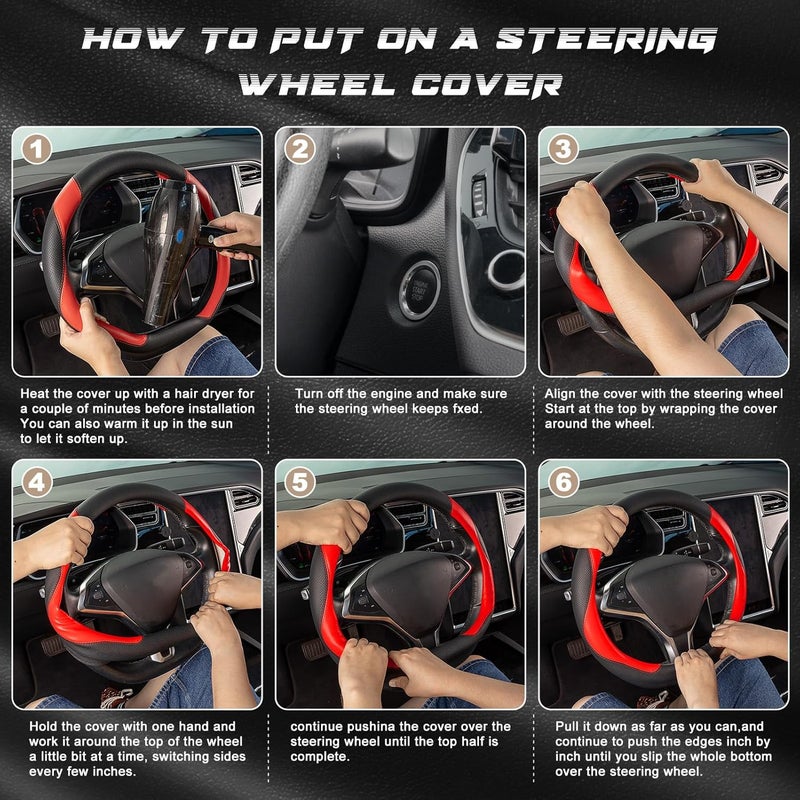 SEG Direct D Shaped Steering Wheel Cover, Flat Bottom Car Wheel Cover 14 1/2-15 in. (37-39 cm), Black and Red Microfiber Leather - Image 5