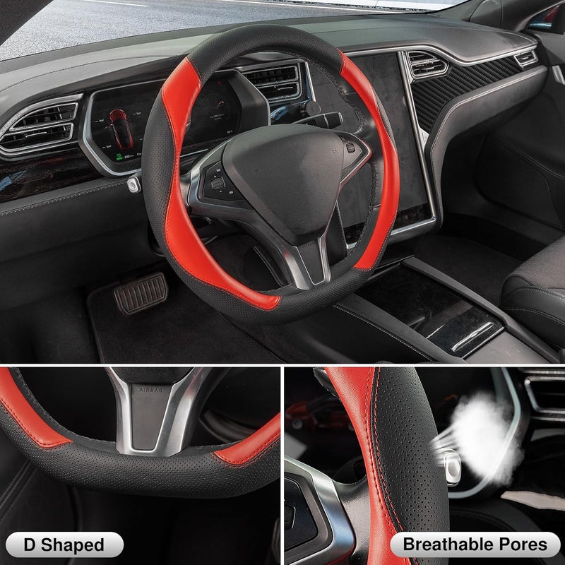 SEG Direct D Shaped Steering Wheel Cover, Flat Bottom Car Wheel Cover 14 1/2-15 in. (37-39 cm), Black and Red Microfiber Leather - Image 3