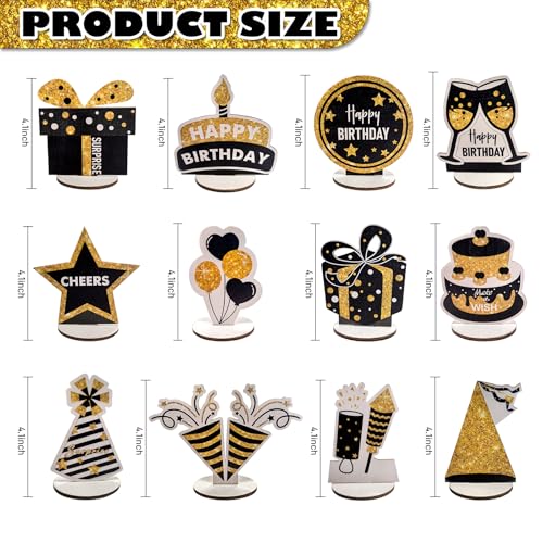 PAMBO Happy Birthday Table Decorations Centerpieces 12Piece Black Gold Wooden Glitter Party Decor Set Elegant Reusable Birthday Supplies for Men Women Kids - Image 5