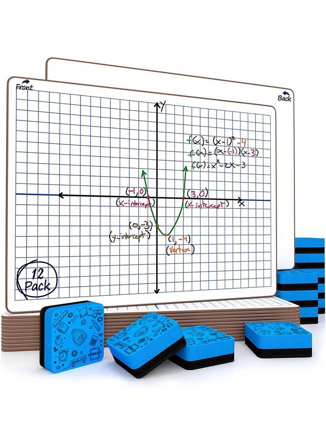 Scribbledo 12 Pack Dry Erase Xy Axis Graph Lap Boards 9” X 12” For Student And Classroom Use, Math White Board - Double Sided White Boards With 12 Erasers Included - Image 1