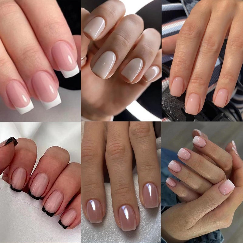 Jsiallye 6 Packs (144 Pcs) French Tip Press On Nails - Jsiallye Milky White Short Square Press on Nails Nude Glazed, Gradient Glue On Nails in 12 Sizes - 24 Fake Nails Kit, Simple Stick On Nails for Women - Image 1
