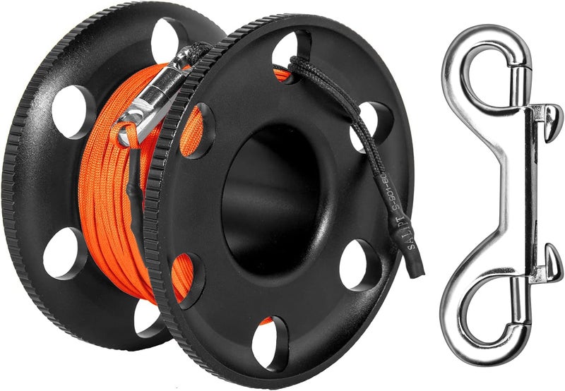 Pluzluce 100FT Scuba Diving Reel with Bolt Snap, Aluminum Alloy Finger Spool with Braided Nylon Line – Big Dive Reel for Scuba, Snorkeling, Spearfishing, Cave & Wreck Diving (Orange Line Black Reel) - Image 1