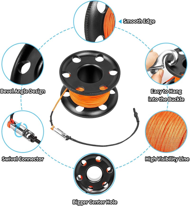 Pluzluce 100FT Scuba Diving Reel with Bolt Snap, Aluminum Alloy Finger Spool with Braided Nylon Line – Big Dive Reel for Scuba, Snorkeling, Spearfishing, Cave & Wreck Diving (Orange Line Black Reel) - Image 4
