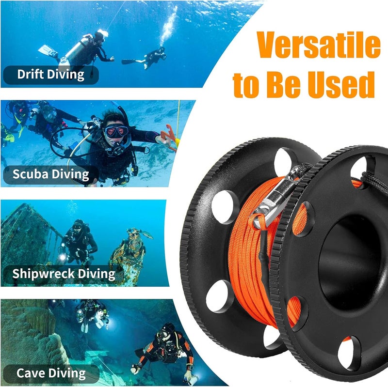 Pluzluce 100FT Scuba Diving Reel with Bolt Snap, Aluminum Alloy Finger Spool with Braided Nylon Line – Big Dive Reel for Scuba, Snorkeling, Spearfishing, Cave & Wreck Diving (Orange Line Black Reel) - Image 2