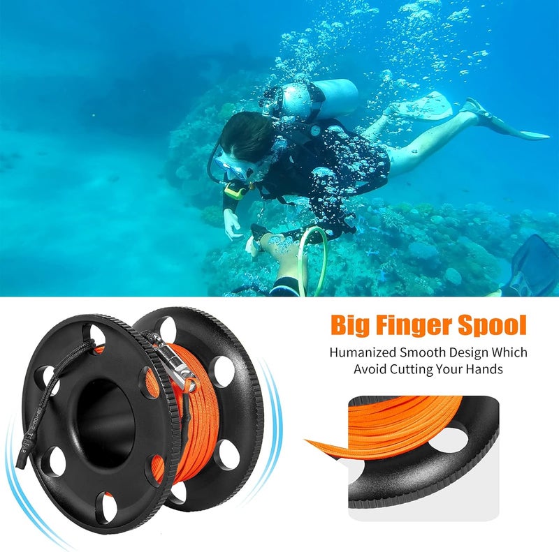 Pluzluce 100FT Scuba Diving Reel with Bolt Snap, Aluminum Alloy Finger Spool with Braided Nylon Line – Big Dive Reel for Scuba, Snorkeling, Spearfishing, Cave & Wreck Diving (Orange Line Black Reel) - Image 3