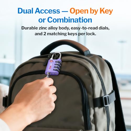 Forge Dual-Opening: Key or Combination Lock, TSA Approved Lock for Luggage, Pelican case, Travel, Gym, School, Luggage Combination Lock, Travel Bag Lock (Purple 2 Pk) - Image 2