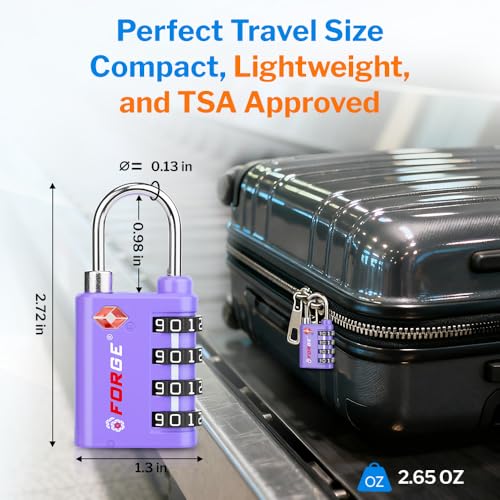 Forge Dual-Opening: Key or Combination Lock, TSA Approved Lock for Luggage, Pelican case, Travel, Gym, School, Luggage Combination Lock, Travel Bag Lock (Purple 2 Pk) - Image 5