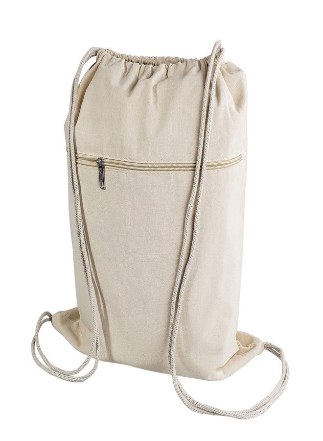 TBF Cotton Canvas Drawstring Backpack with Zippered Front Pocket Cinch Sack Pull String Sport Bags for Gym, Hike, Men Women Kids Bags (Natural, Set of 12) - Image 1