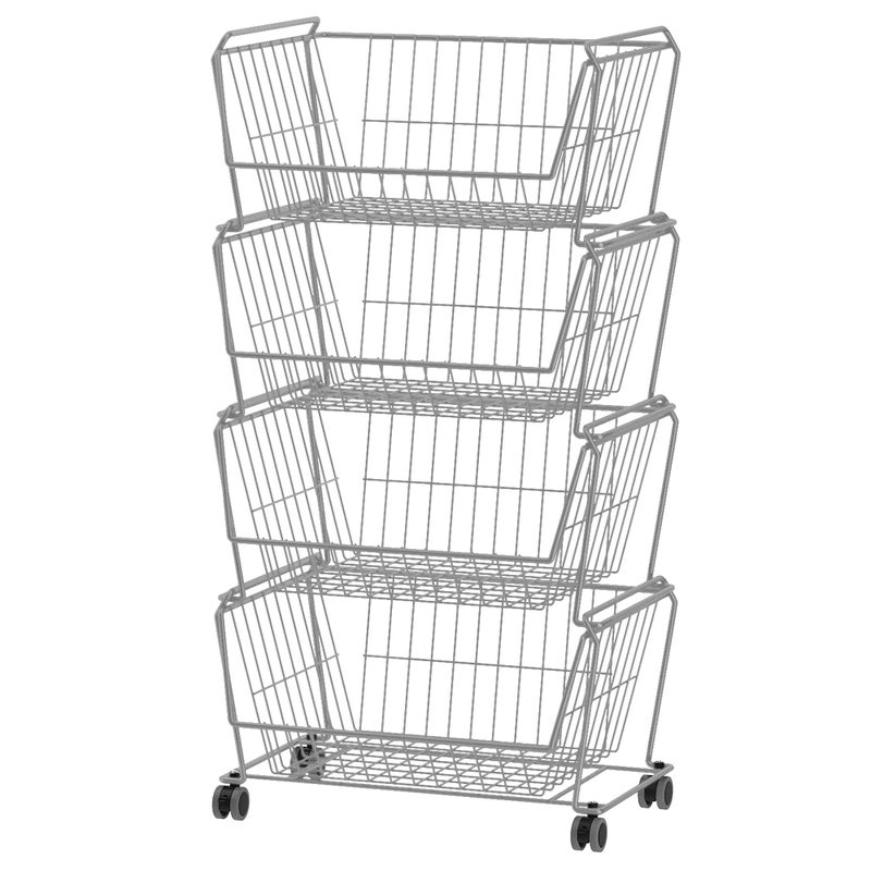 PUSDON 4-Tier Stackable Metal Storage Baskets, Anti-Rust Fruit Vegetable Rack, Dual Use Shelf for Kitchen, Home & Office, Silver Grey - Image 1