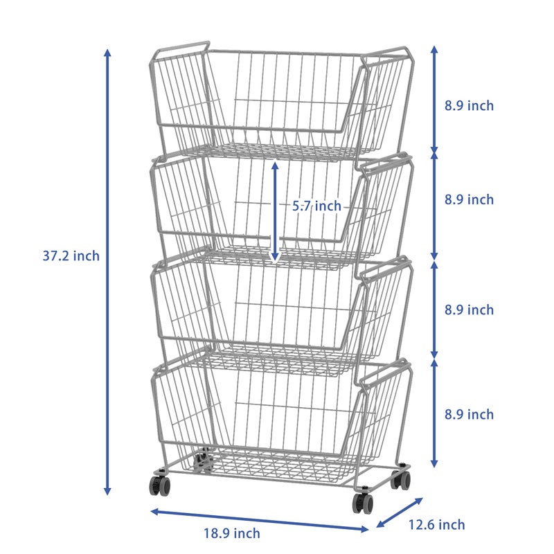 PUSDON 4-Tier Stackable Metal Storage Baskets, Anti-Rust Fruit Vegetable Rack, Dual Use Shelf for Kitchen, Home & Office, Silver Grey - Image 3