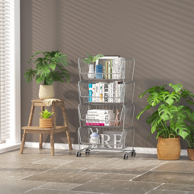 PUSDON 4-Tier Stackable Metal Storage Baskets, Anti-Rust Fruit Vegetable Rack, Dual Use Shelf for Kitchen, Home & Office, Silver Grey - Image 2