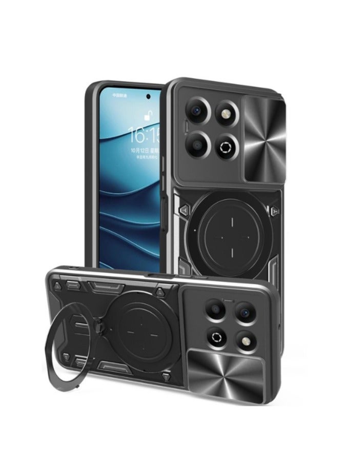 for Honor X6b 4G Case, Slide Camera Lens Cover, Magnetic Ring Holder Kickstand Protective Phone Case for Honor X6b 4G, Black - Image 1
