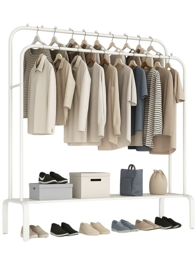 Heavy Duty Clothes Rack with Double Hanging Rods and Storage Shelves – Sturdy Metal Garment Organizer for Hallway, Bedroom, Laundry Room, and Closet – Freestanding Clothing Hanger Stand 110x57x150Cm (White)