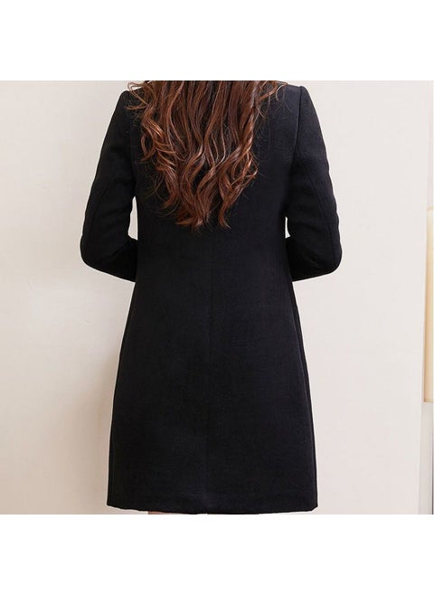 Spring Autumn Winter Warm Wool Coat Womens Mid-length Simple Long-sleeved Womens Wool Coat Long Black [single layer without lining]]