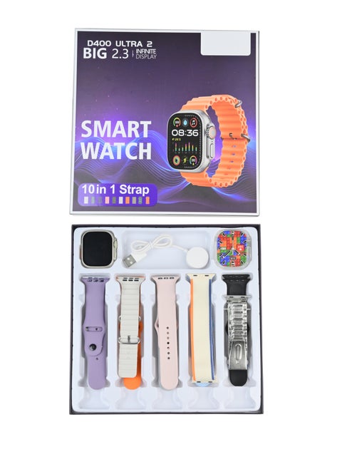 10 in 1 Ultra Watch D400 ULTRA 2 Smart Watch and Earphone with 9 Additional Replacement Strap and 1 Protect Cover
