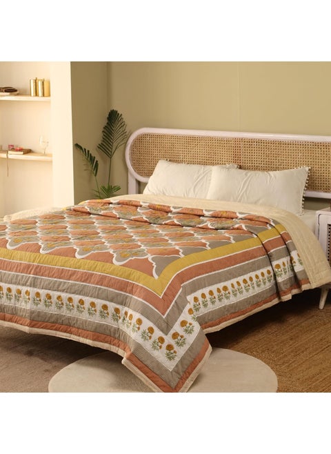 Peepul Tree Queen Size Hand Block Printed Cotton Quilt Jaipuri Razai Softness Style Beautiful Floral AC Blanket Reversible Breathable Made in India Rust Taupe 90x108inches