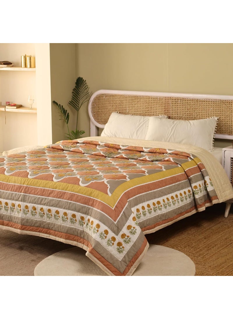 Peepul Tree Queen Size Hand Block Printed Cotton Quilt Jaipuri Razai Softness Style Beautiful Floral AC Blanket Reversible Breathable Made in India Rust Taupe 90x108inches