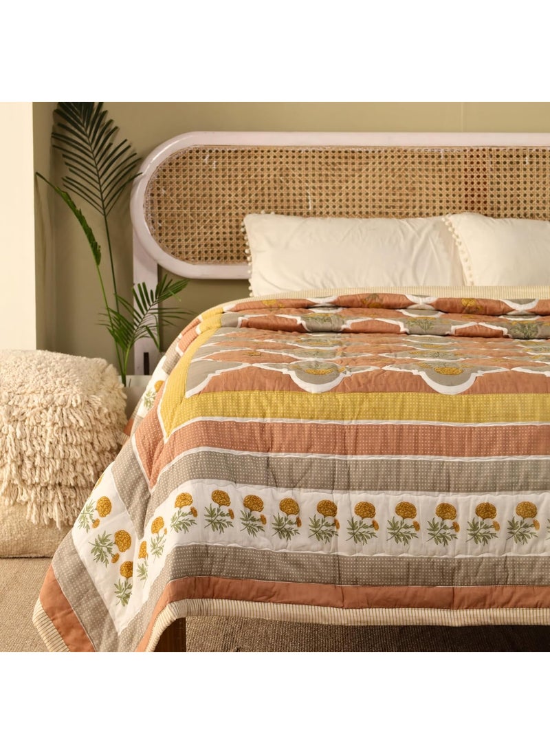 Peepul Tree Queen Size Hand Block Printed Cotton Quilt Jaipuri Razai Softness Style Beautiful Floral AC Blanket Reversible Breathable Made in India Rust Taupe 90x108inches