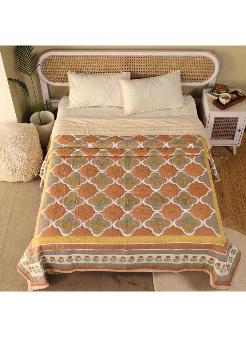 Peepul Tree Queen Size Hand Block Printed Cotton Quilt Jaipuri Razai Softness Style Beautiful Floral AC Blanket Reversible Breathable Made in India Rust Taupe 90x108inches