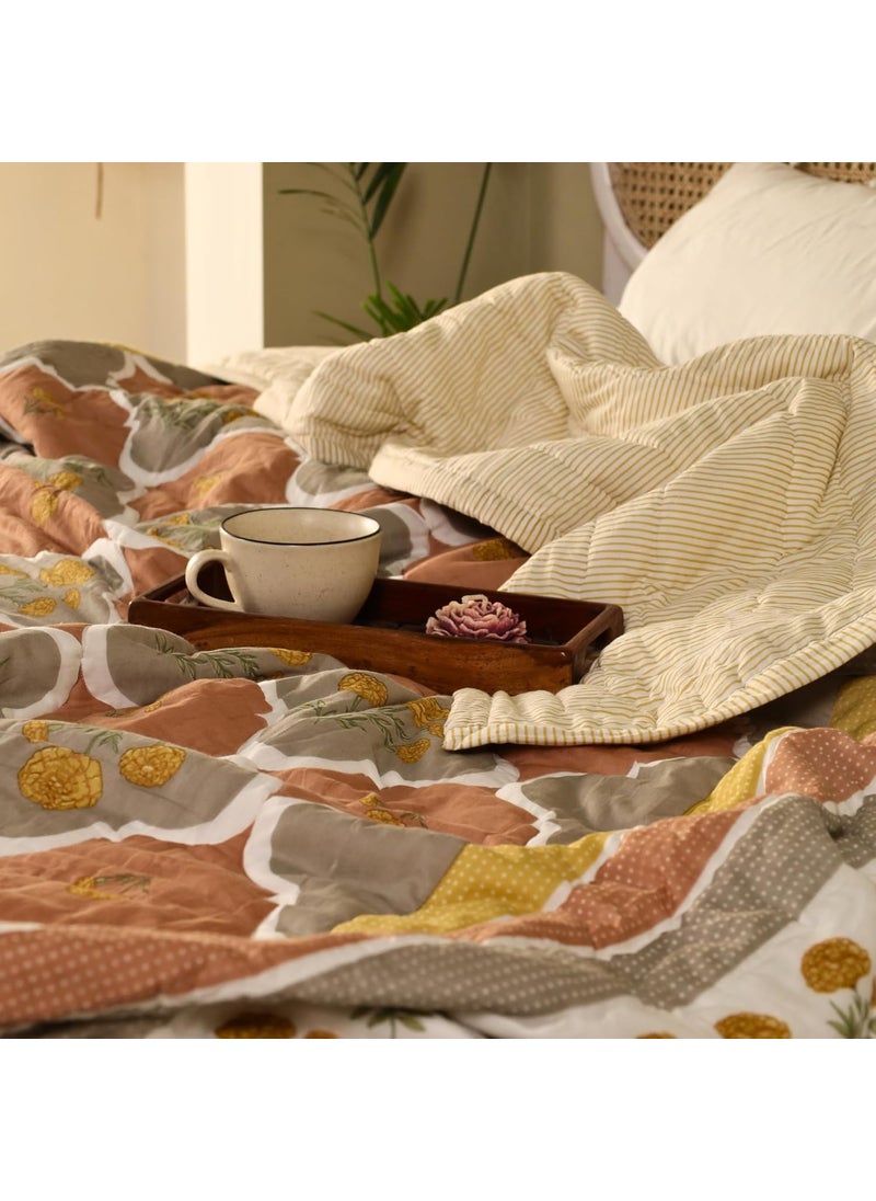Peepul Tree Queen Size Hand Block Printed Cotton Quilt Jaipuri Razai Softness Style Beautiful Floral AC Blanket Reversible Breathable Made in India Rust Taupe 90x108inches