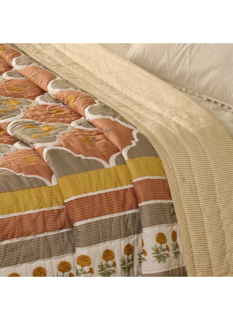 Peepul Tree Queen Size Hand Block Printed Cotton Quilt Jaipuri Razai Softness Style Beautiful Floral AC Blanket Reversible Breathable Made in India Rust Taupe 90x108inches