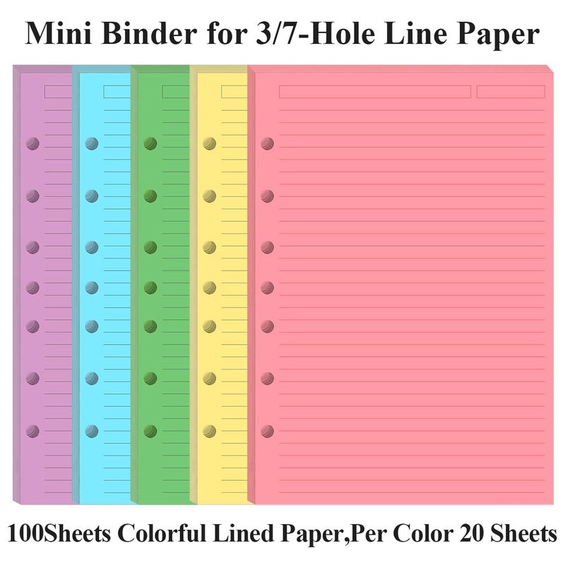 Yaridar Mini Binder 5 Colorful Line Paper for 3 or 7 Ring Binders - 100 Sheets/200 Pages Loose Leaf Paper Line Refills, Per Color 20 Sheets, Desk Size 4, 5.8" x 8.5" - Image 2