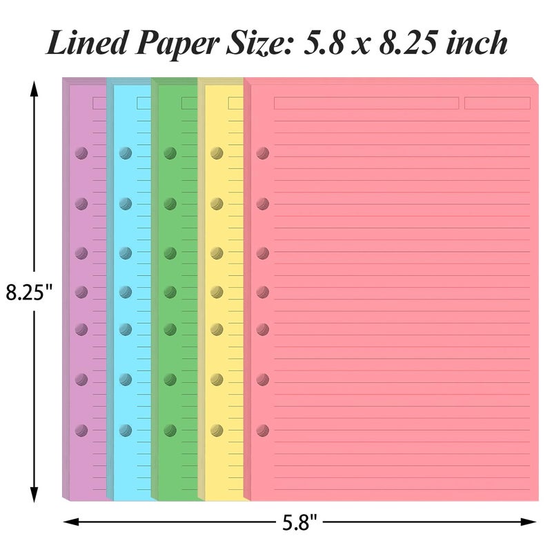 Yaridar Mini Binder 5 Colorful Line Paper for 3 or 7 Ring Binders - 100 Sheets/200 Pages Loose Leaf Paper Line Refills, Per Color 20 Sheets, Desk Size 4, 5.8" x 8.5" - Image 4