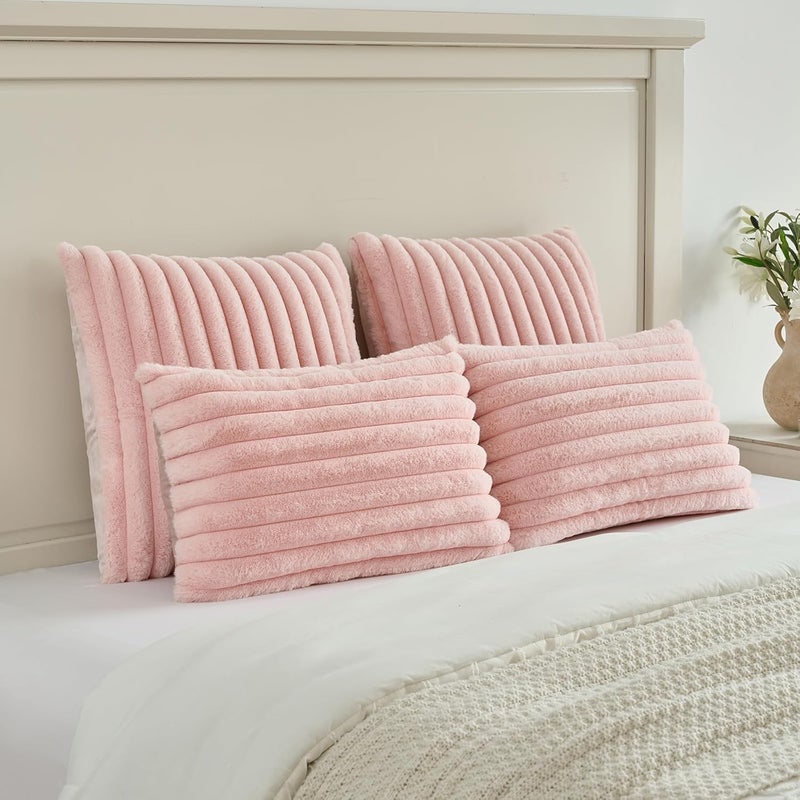 FUTEI Pack of 2 Fluffy Faux Fur Throw Pillow Covers 14x14 Inch Elegant Striped Textured Decorative Cushion Cases Modern Accent Pillow for Couch Bed Living Room, Pink - Image 5
