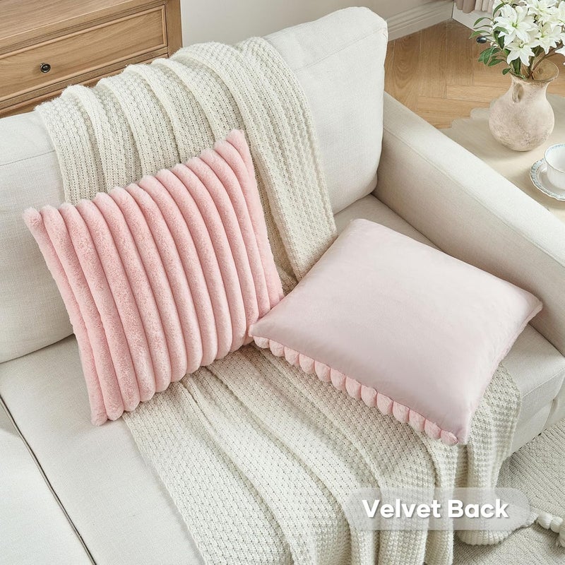 FUTEI Pack of 2 Fluffy Faux Fur Throw Pillow Covers 14x14 Inch Elegant Striped Textured Decorative Cushion Cases Modern Accent Pillow for Couch Bed Living Room, Pink - Image 4