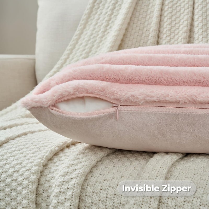 FUTEI Pack of 2 Fluffy Faux Fur Throw Pillow Covers 14x14 Inch Elegant Striped Textured Decorative Cushion Cases Modern Accent Pillow for Couch Bed Living Room, Pink - Image 3