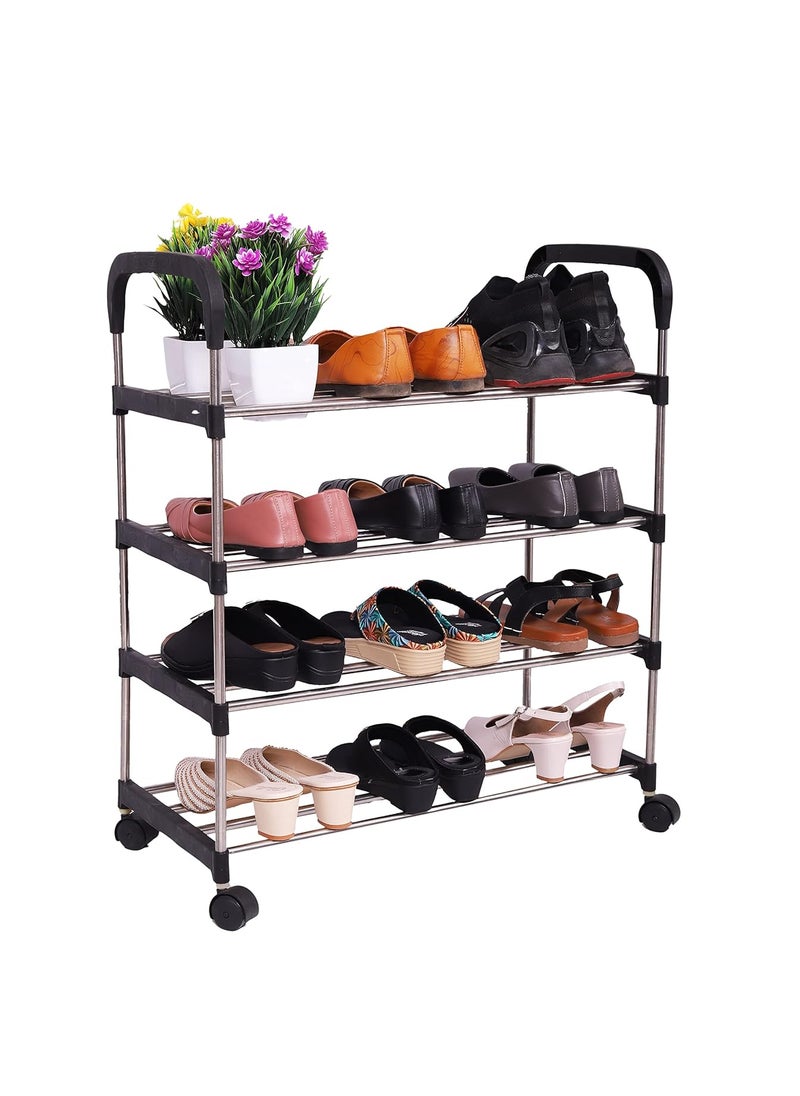 Three Secondz Three Secondz Shoe Rack Shoe Stand Shoe Cabinet Shoe Shelf with handles and movable Wheels 4 Shelves Black 