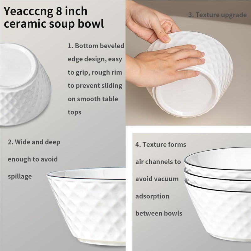 Yeacccng Deep Soup Bowls Set of 3, 46oz Large Cereal Bowls, Large Soup Bowl for Kitchen, 8 inch Diamond Pattern Decorative Bowls, Dishwasher & Microwave Safe, Scratch-Resistant, Lead-Free, Easy Clean - Image 4