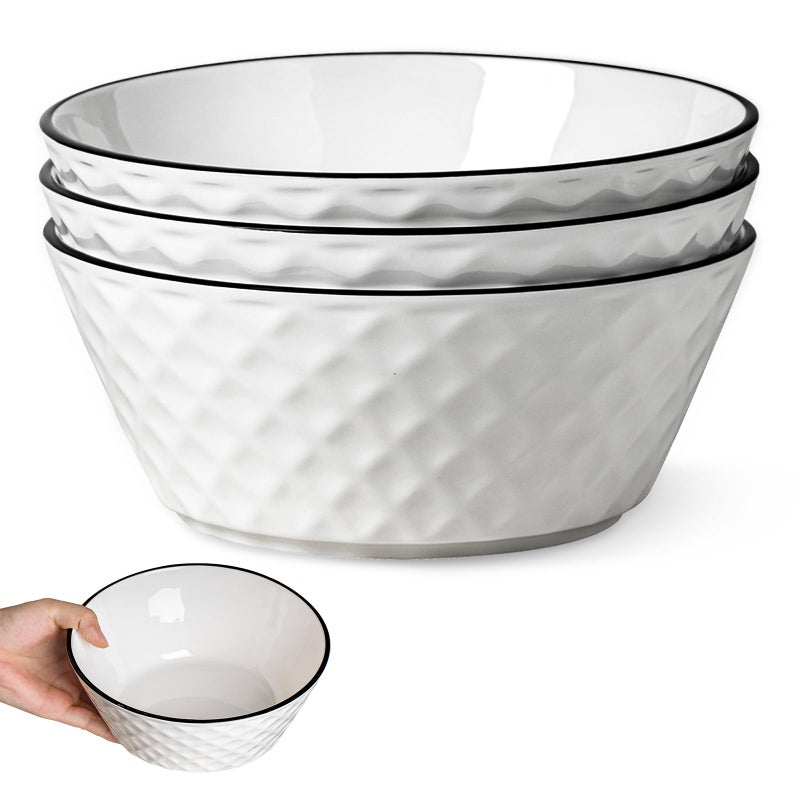 Yeacccng Deep Soup Bowls Set of 3, 46oz Large Cereal Bowls, Large Soup Bowl for Kitchen, 8 inch Diamond Pattern Decorative Bowls, Dishwasher & Microwave Safe, Scratch-Resistant, Lead-Free, Easy Clean - Image 1