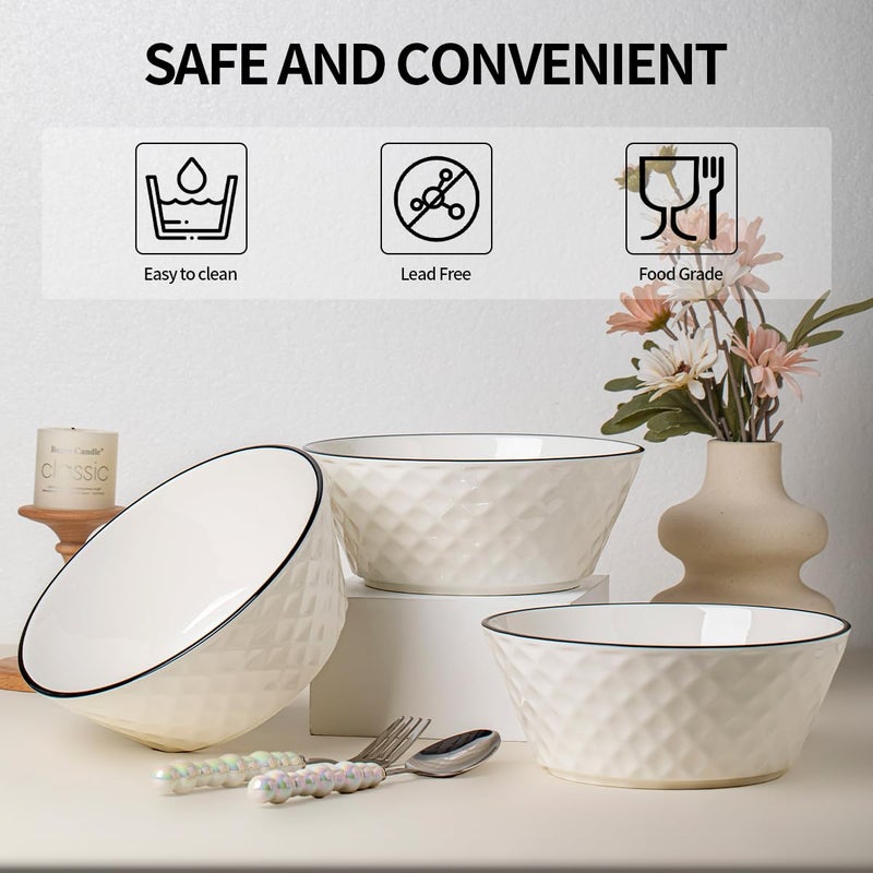 Yeacccng Deep Soup Bowls Set of 3, 46oz Large Cereal Bowls, Large Soup Bowl for Kitchen, 8 inch Diamond Pattern Decorative Bowls, Dishwasher & Microwave Safe, Scratch-Resistant, Lead-Free, Easy Clean - Image 2
