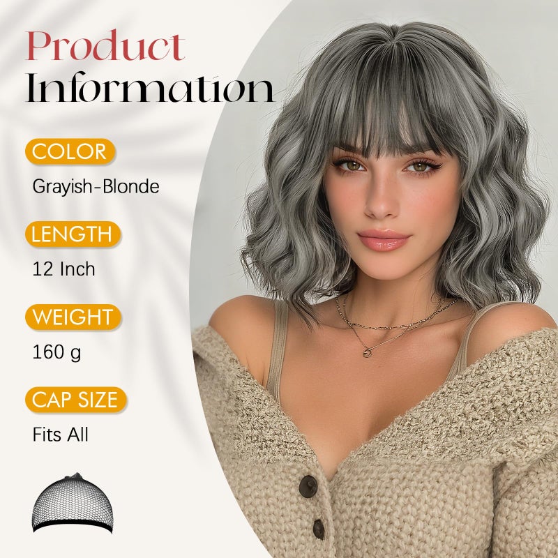 SOFEIYAN Short Silver Gray Brown Wig - 12 Inch Bob Wig with Bangs for Women Curly Shoulder Length Bob Wig with Bangs Soft Synthetic Hair Wigs for Girls Daily Party Use - Image 2