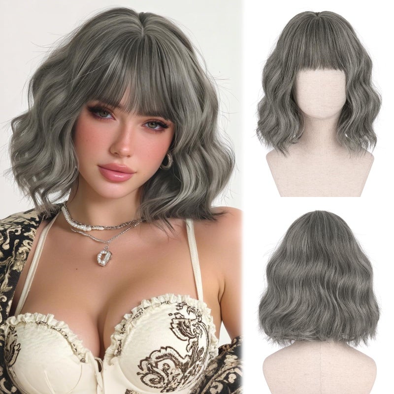 SOFEIYAN Short Silver Gray Brown Wig - 12 Inch Bob Wig with Bangs for Women Curly Shoulder Length Bob Wig with Bangs Soft Synthetic Hair Wigs for Girls Daily Party Use - Image 1