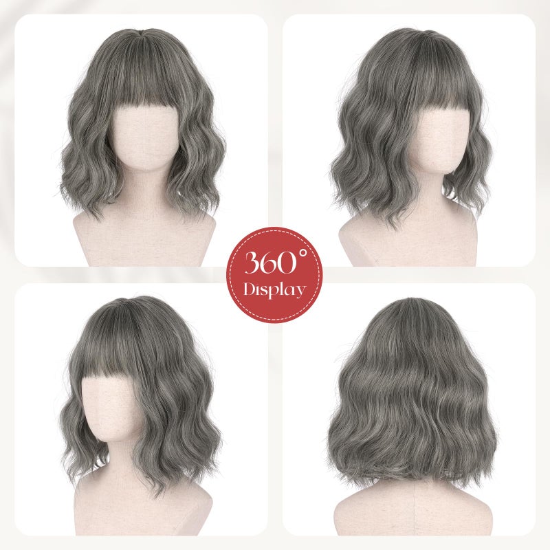 SOFEIYAN Short Silver Gray Brown Wig - 12 Inch Bob Wig with Bangs for Women Curly Shoulder Length Bob Wig with Bangs Soft Synthetic Hair Wigs for Girls Daily Party Use - Image 4