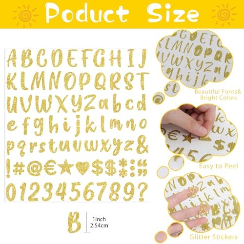 Metsyth 648 Pcs Gold Letter Stickers Glitter Alphabet Number Stickers 8 Sheets Self Adhesive Vinyl Letters Sticker for Graduation Cap Scrapbooking Water Bottles Cup Crafts Classroom Decor(Gold,1 Inch) - Image 2