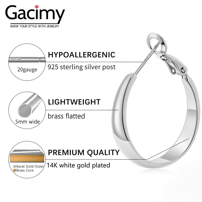 Gacimy 5mm Wide Silver Tone Hoop Earrings for Women, 14K White Gold Plated Hoops Earrings with 925 Sterling Silver Post, Small 25mm - Image 2