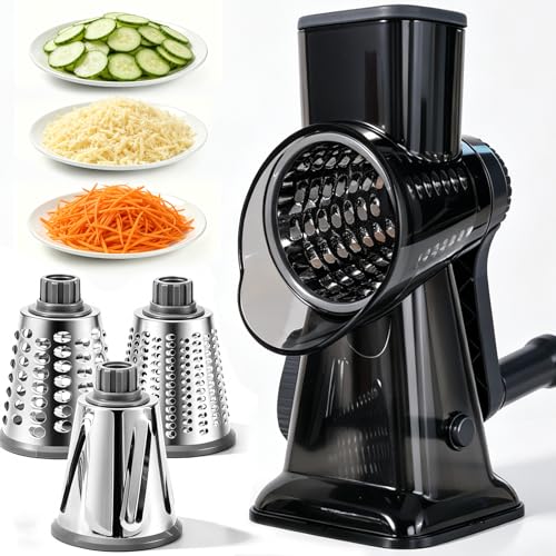 HANSGO Rotary Cheese Grater Hand Crank Shredder Slicer Grinder 3 Large Diameter Metal Blades Cleaning Brush Nonslip Suction Base LaborSaving Handle Kitchen Gadgets for Cheese Vegetable Nuts - Image 1