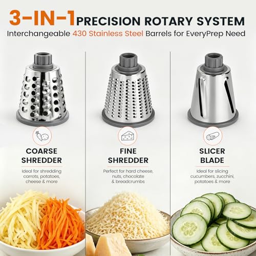 HANSGO Rotary Cheese Grater Hand Crank Shredder Slicer Grinder 3 Large Diameter Metal Blades Cleaning Brush Nonslip Suction Base LaborSaving Handle Kitchen Gadgets for Cheese Vegetable Nuts - Image 3
