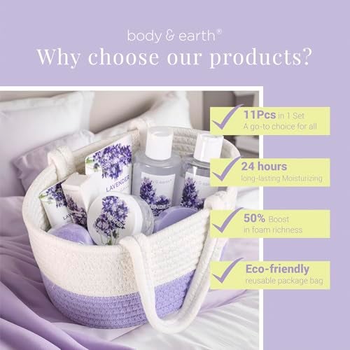 BODY EARTH سلال هدايا سبا للنساء - مجموعة هدايا لافندر 11 قطعة من بودي آند إيرث مع حمام فقاعات، جل استحمام، لوشن للجسم، هدايا عيد ميلاد للنساء، مجموعة سبا لهدايا الأمهات، هدايا بنفسجية - Image 2