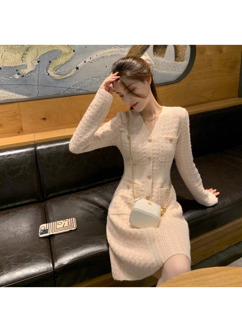 Generic French Knitted Short V-neck Dress Womens Autumn Winter Slimming Base Layer Skirt Street Style Trendy Fashion Pure Color Print Pink 