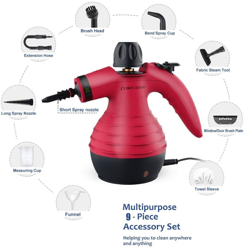 Comforday Handheld Pressurized Steam Cleaner - Multipurpose Steamer with 9-Piece Accessory Kit for Stain Removal, Upholstery, Curtains, Car Seats, Carpets, Floors, and Windows (Red) - Image 2