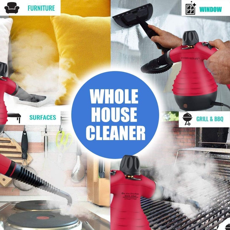 Comforday Handheld Pressurized Steam Cleaner - Multipurpose Steamer with 9-Piece Accessory Kit for Stain Removal, Upholstery, Curtains, Car Seats, Carpets, Floors, and Windows (Red) - Image 3