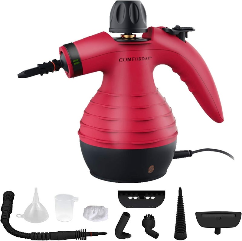 Comforday Handheld Pressurized Steam Cleaner - Multipurpose Steamer with 9-Piece Accessory Kit for Stain Removal, Upholstery, Curtains, Car Seats, Carpets, Floors, and Windows (Red) - Image 1