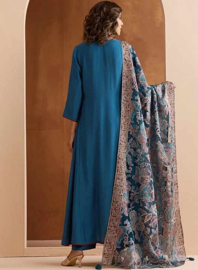 ISHIN Women's Teal Polyester Blend Embroidered Tunic Full Length Palazzo Straight Fit Kurta Set
